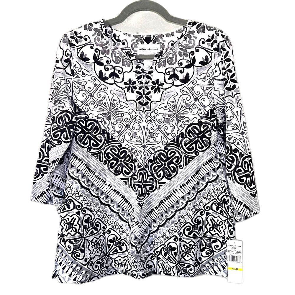 Alfred Dunner Black White Boho Tunic Top Cotton Spandex Size Medium